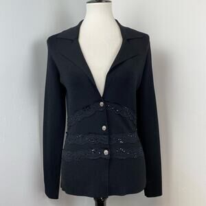 Vertigo Paris Black Lace & Sequin Button Front Knit Cardigan Sweater Small